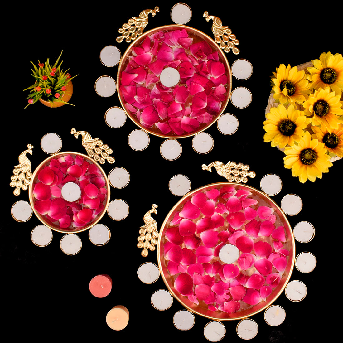 Decorative Metal Peacock Flower Urli with Tea Light (Pack of 3)