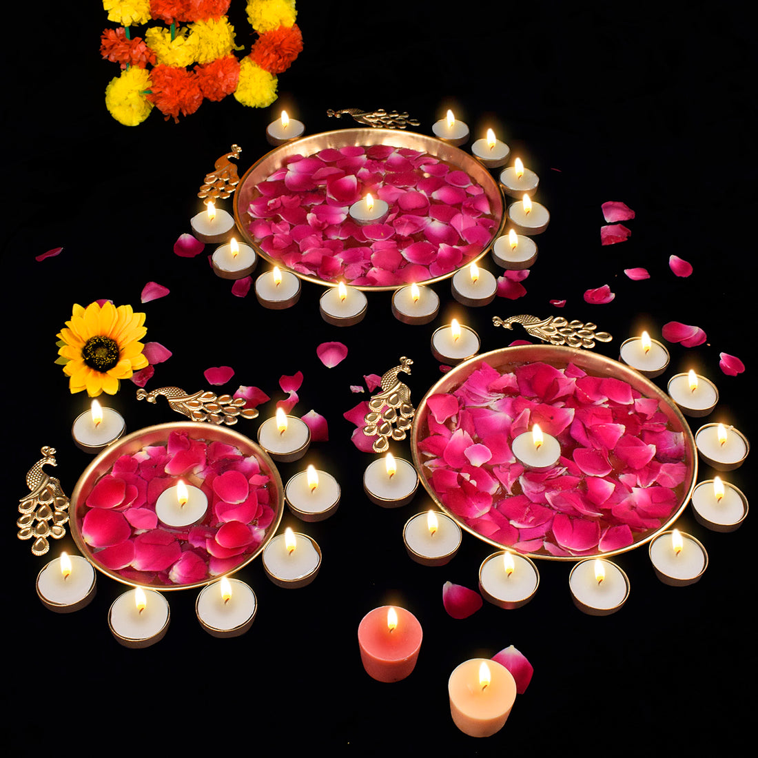 Decorative Metal Peacock Flower Urli with Tea Light (Pack of 3)