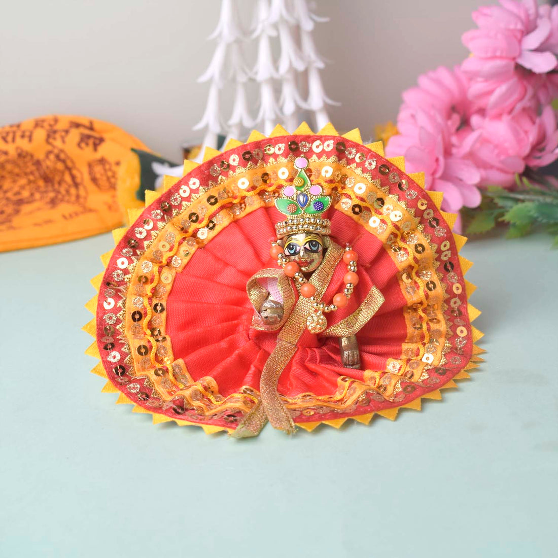 Radiant Yellow-Red Laddu Gopal Dress with Sequin Border