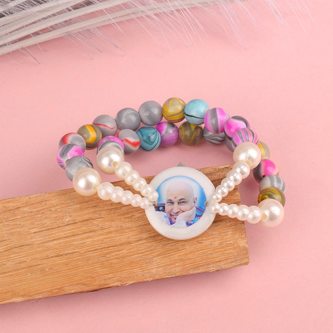Crystal Multi-Color Beads Double Layer & White Pearl Bracelet with Jai Guruji Swaroop
