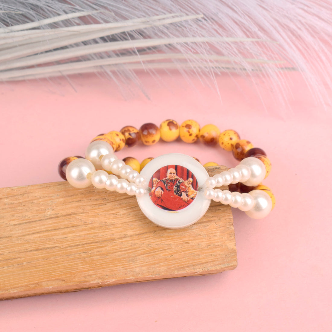Crystal Yellow Printed Beads Double Layer & White Pearl Bracelet with Jai Guruji Swaroop