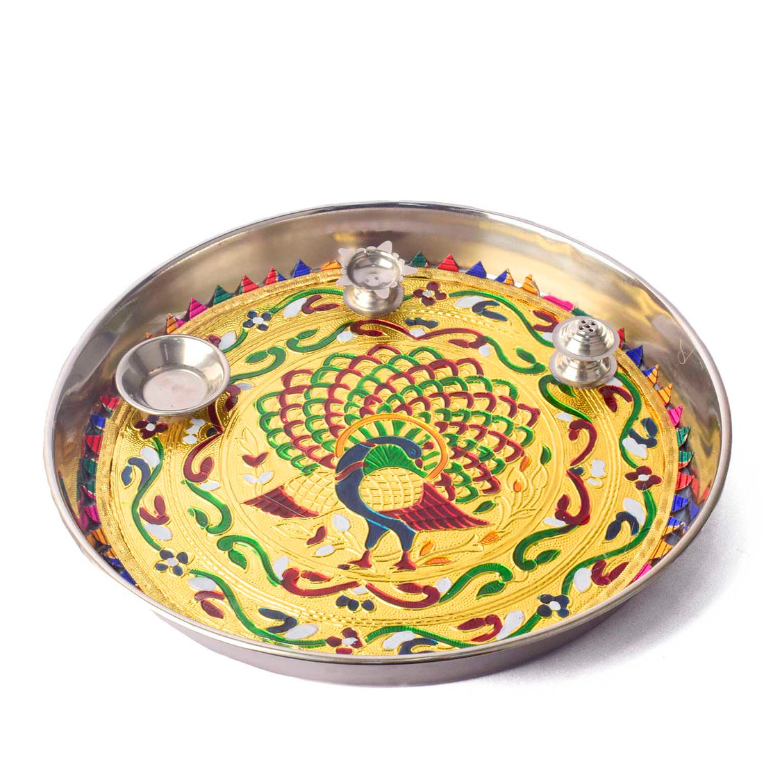 Stainless Steel Peacock Printed Pooja Thali Set