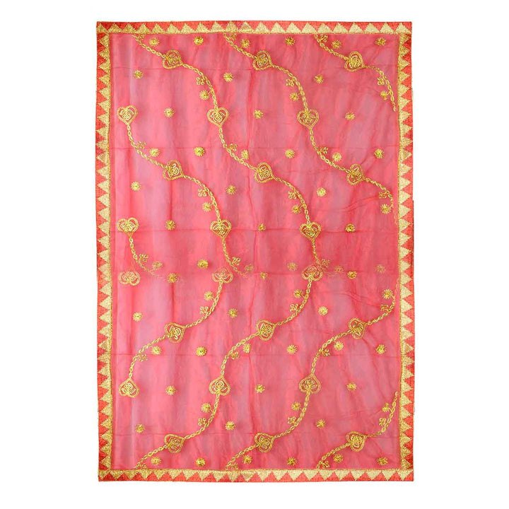 Divine Mata Ki Chunri in a striking red-pink shade, adorned with intricate golden embroidery featuring symmetrical floral and chain motifs. Measuring 220 cm (87 inches) in length and 103 cm (40 inches) in height, this Chunri is ideal for Mata Rani’s Prasad, temple offerings, and Devi puja during Navratri. The border showcases a traditional golden triangular pattern, adding a regal touch.

Shop Matarani Ki Chunri, Mata Ki Chunni Online, Mata Ki Chunni Big Size, and more at Satvik Store. Discover the perfect 