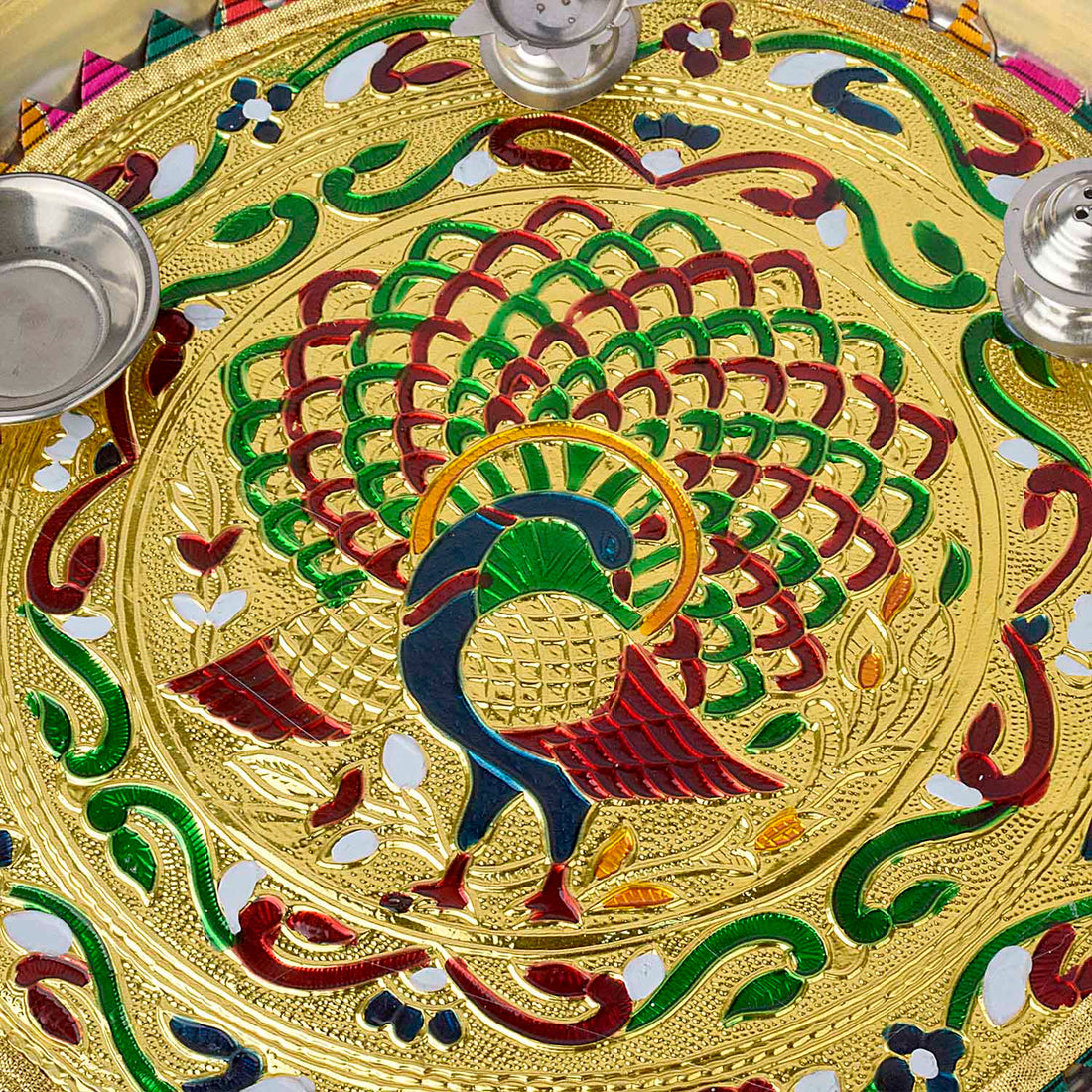 Stainless Steel Peacock Printed Pooja Thali Set