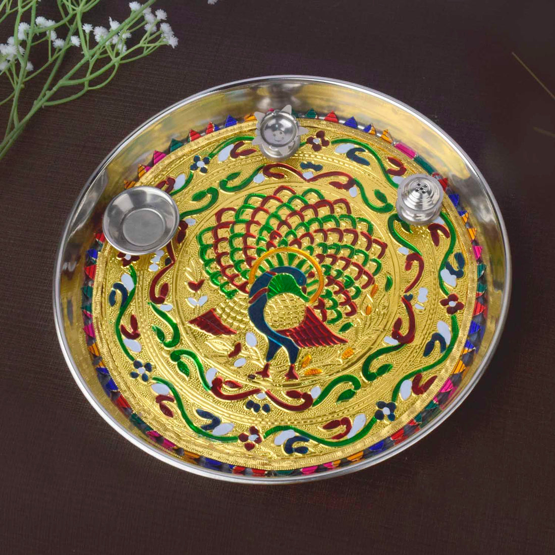Stainless Steel Peacock Printed Pooja Thali Set
