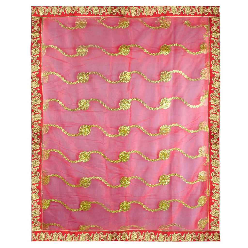 Elegant Mata Ki Chunri featuring intricate golden wave-like embroidery, perfect for Devi Puja, temple offerings, and religious ceremonies. Measuring 214 cm (84 inches) in length and 103 cm (40.5 inches) in height, this Chunri is crafted from high-quality fabric with ornate gold detailing. Ideal for Navratri, Durga Puja, and festive decorations.

Shop Designer Mata Ki Chunri, Traditional Devi Chunri, and more at Satvik Store for authentic spiritual products.