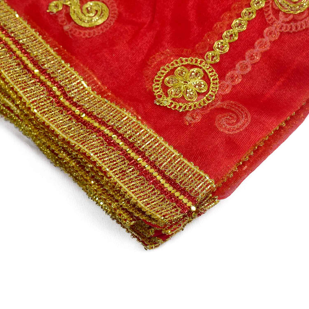 Beautiful Mata Ki Chunri with intricate golden embroidery in vertical patterns, featuring floral and swirl motifs. Measuring 225 cm (89 inches) in length and 104 cm (41 inches) in height, this Chunri is perfect for Devi puja, temple offerings, and festive occasions like Navratri and Durga Puja. The shimmering golden border enhances its divine appeal.

Shop Big Size Mata Ki Chunri, Devi Chunri for Puja, and more at Satvik Store. An ideal offering for temple rituals and sacred ceremonies