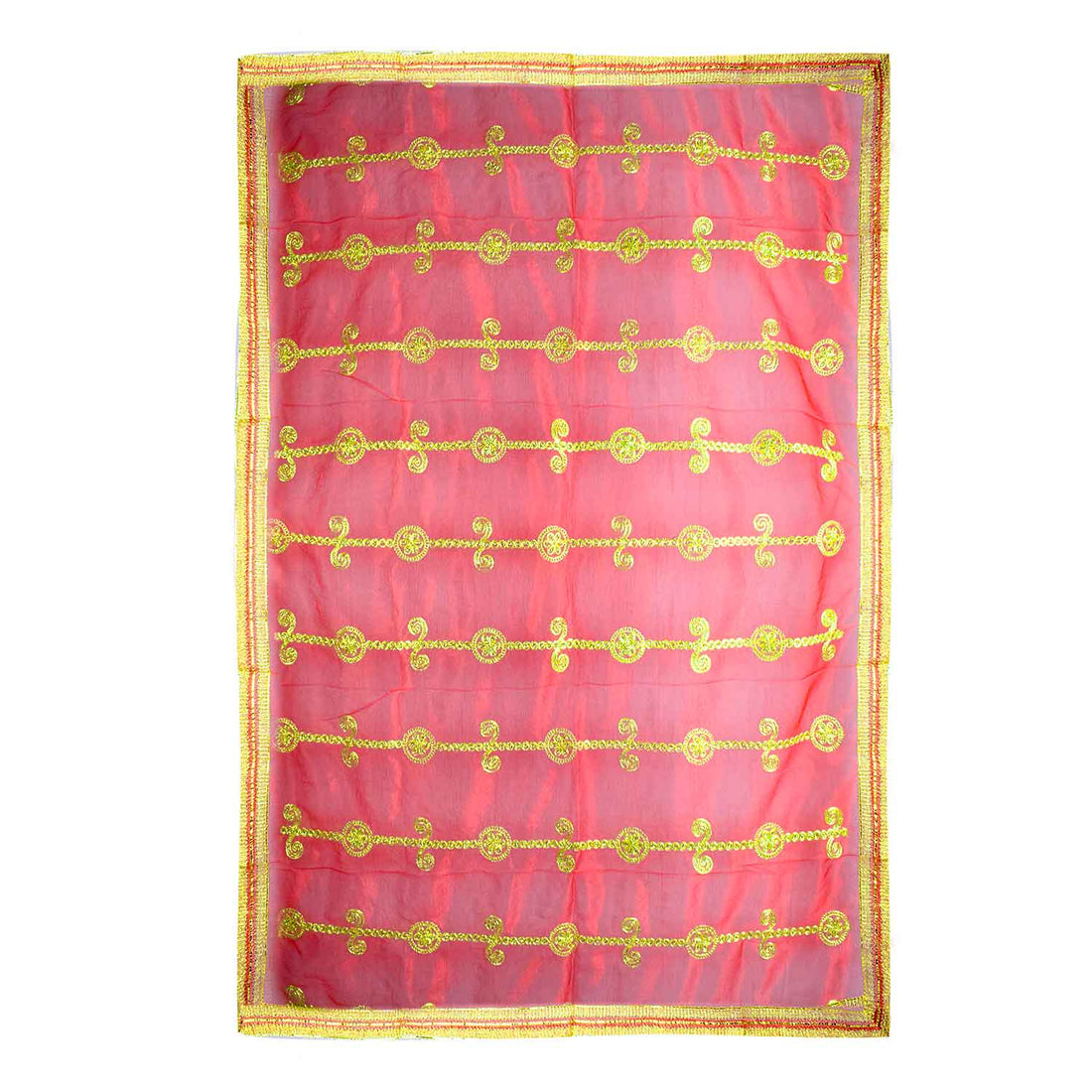 Beautiful Mata Ki Chunri with intricate golden embroidery in vertical patterns, featuring floral and swirl motifs. Measuring 225 cm (89 inches) in length and 104 cm (41 inches) in height, this Chunri is perfect for Devi puja, temple offerings, and festive occasions like Navratri and Durga Puja. The shimmering golden border enhances its divine appeal.

Shop Big Size Mata Ki Chunri, Devi Chunri for Puja, and more at Satvik Store. An ideal offering for temple rituals and sacred ceremonies