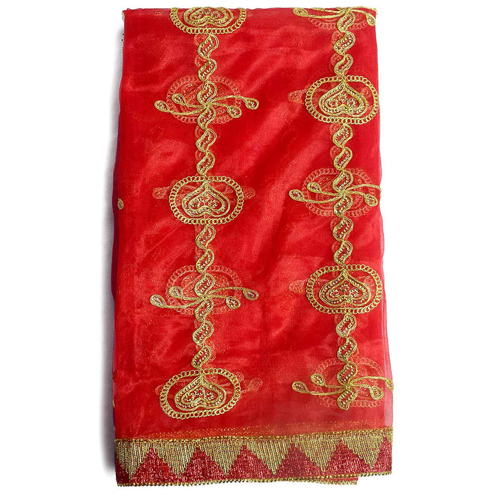 Premium Mata Ki Chunri with golden embroidered vertical patterns featuring traditional floral and swirl designs. This Chunri measures 216 cm (85 inches) in length and 100 cm (39 inches) in height, making it ideal for Devi Puja, temple offerings, and festive celebrations like Navratri and Durga Puja. The rich golden border enhances its elegance and sacred significance.

Shop Big Size Mata Ki Chunri, Devi Chunri for Puja, and more at Satvik Store. A perfect offering for temple rituals and religious ceremonies