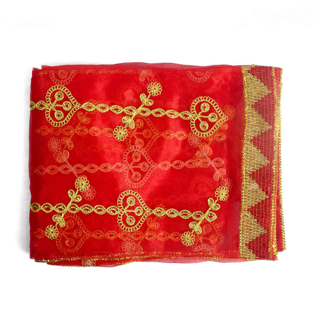 Traditional Mata Ki Chunri with intricate golden embroidery, ideal for Devi Puja, temple offerings, and festive occasions. Measuring 208 cm (82 inches) in length and 100 cm (39 inches) in height, this Chunri is crafted with rich golden patterns and a decorative border, making it a perfect offering for Navratri, Durga Puja, and religious ceremonies.

Explore Big Size Mata Ki Chunri, Devi Chunri for Puja, and more at Satvik Store for authentic spiritual products.