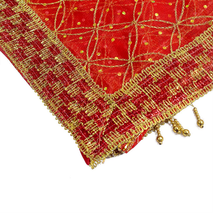 Beautiful Mata Ki Chunri in red and gold, measuring 208 cm in length and 104 cm in height. This traditional dupatta is adorned with intricate golden embroidery and a decorative border, perfect for offering during pooja and religious ceremonies. Available at Satvik Store. Inid's Largest Pooja Accessories Brand