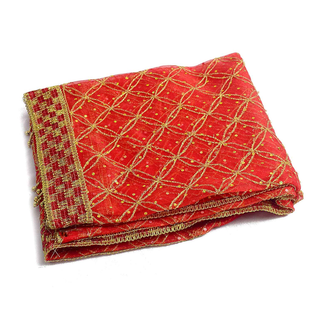 Beautiful Mata Ki Chunri in red and gold, measuring 208 cm in length and 104 cm in height. This traditional dupatta is adorned with intricate golden embroidery and a decorative border, perfect for offering during pooja and religious ceremonies. Available at Satvik Store.