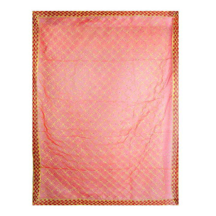 Beautiful Mata Ki Chunri in red and gold, measuring 208 cm in length and 104 cm in height. This traditional dupatta is adorned with intricate golden embroidery and a decorative border, perfect for offering during pooja and religious ceremonies. Available at Satvik Store.