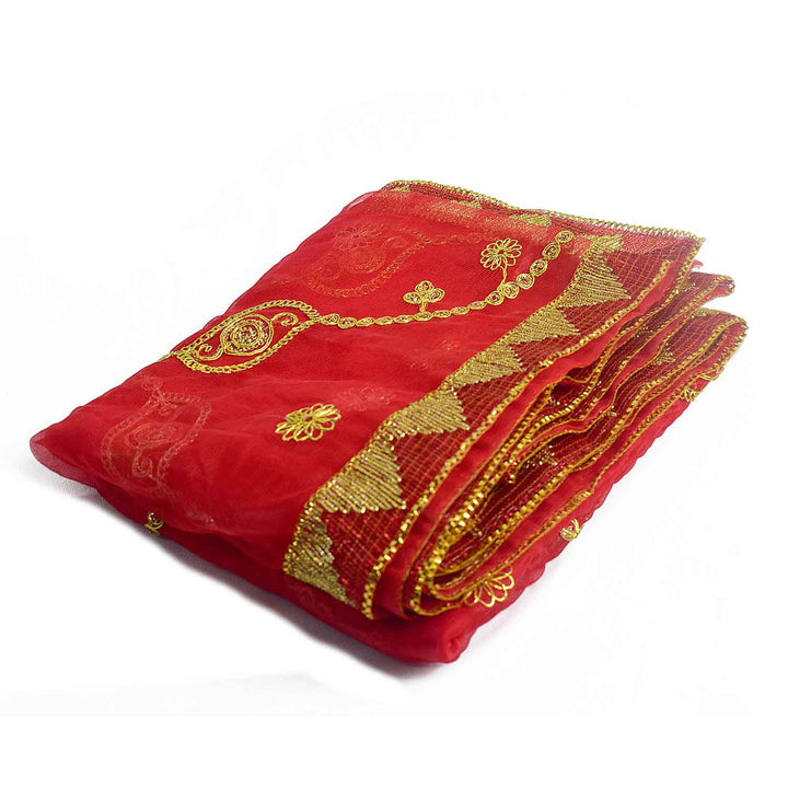 Traditional Mata Ki Chunri with intricate golden embroidery, ideal for Devi Puja, temple offerings, and festive rituals. Measuring 214 cm (84 inches) in length and 101 cm (40 inches) in height, this Chunri is made with premium fabric and elegant gold detailing. Perfect for Navratri, Durga Puja, and other religious ceremonies.

Find Exclusive Mata Ki Chunri Designs, Large Devi Chunri, and more at Satvik Store for authentic spiritual products.