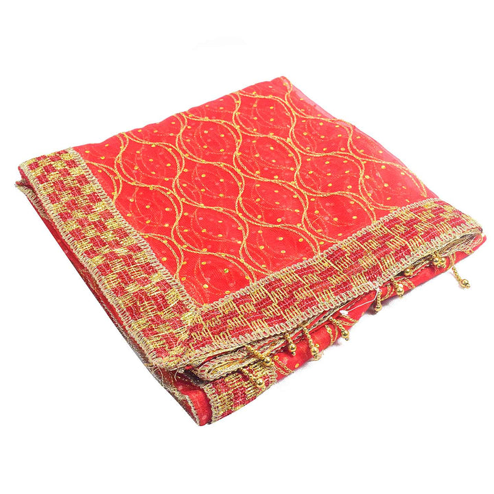 Beautiful Mata Ki Chunri in red and gold, measuring 204 cm in length and 102 cm in height. This traditional dupatta is adorned with intricate golden embroidery and a decorative border, perfect for offering during pooja and religious ceremonies. Available at Satvik Store.