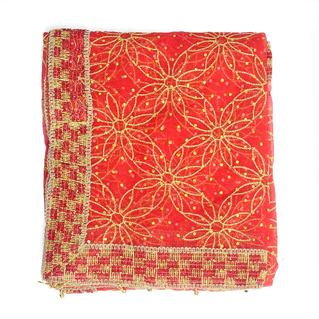 Traditional Mata Ki Chunri in red and gold, measuring 208 cm in length and 108 cm in height. Adorned with intricate golden embroidery and a beautifully designed border, this auspicious chunni is perfect for pooja rituals, temple offerings, and festive celebrations. Available at Satvik Store.