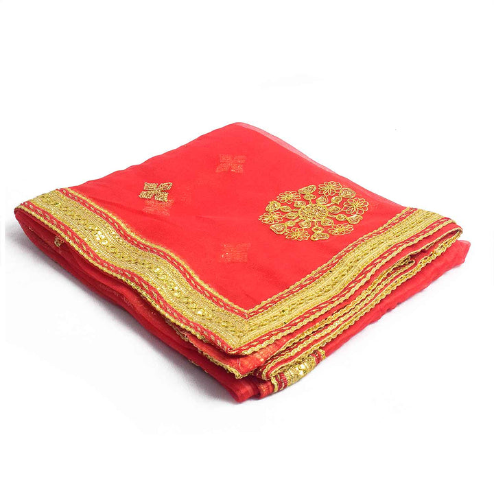 Sacred Mata Ki Chunri in red and gold, measuring 214 cm (84 inches) in length and 110 cm (43 inches) in height. This divine dupatta showcases an elegant design with golden floral circular motifs and small diamond-shaped patterns, representing spirituality and devotion. The shimmering fabric is enhanced with a rich golden border, making it perfect for pooja rituals, temple offerings, and festive celebrations.

Shop Matarani Ki Chunri, Mata Ki Chunni Online, and Big Size Chunni Online at Satvik Store. Get hig