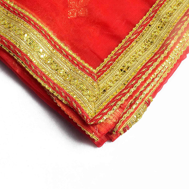 Sacred Mata Ki Chunri in red and gold, measuring 214 cm (84 inches) in length and 110 cm (43 inches) in height. This divine dupatta showcases an elegant design with golden floral circular motifs and small diamond-shaped patterns, representing spirituality and devotion. The shimmering fabric is enhanced with a rich golden border, making it perfect for pooja rituals, temple offerings, and festive celebrations.

Shop Matarani Ki Chunri, Mata Ki Chunni Online, and Big Size Chunni Online at Satvik Store. Get hig