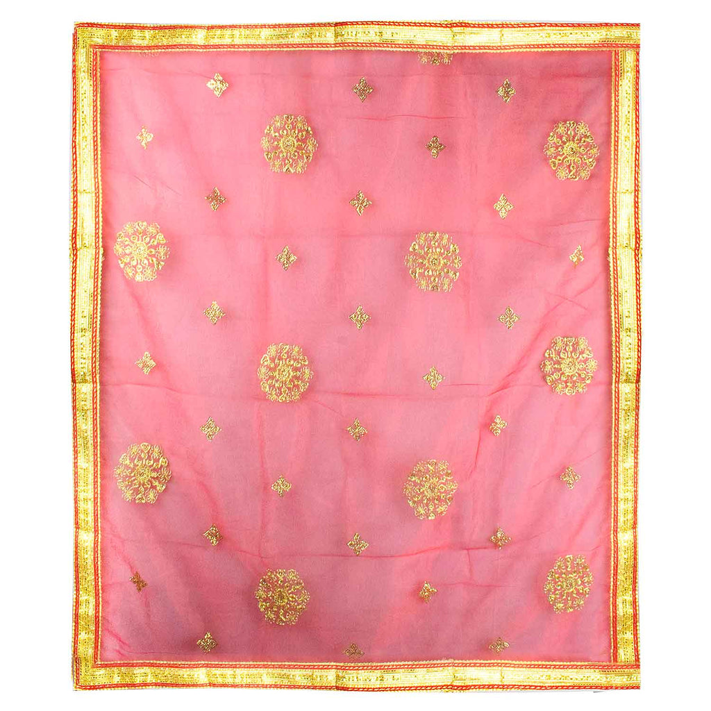 Sacred Mata Ki Chunri in red and gold, measuring 214 cm (84 inches) in length and 110 cm (43 inches) in height. This divine dupatta showcases an elegant design with golden floral circular motifs and small diamond-shaped patterns, representing spirituality and devotion. The shimmering fabric is enhanced with a rich golden border, making it perfect for pooja rituals, temple offerings, and festive celebrations.

Shop Matarani Ki Chunri, Mata Ki Chunni Online, and Big Size Chunni Online at Satvik Store. Get hig