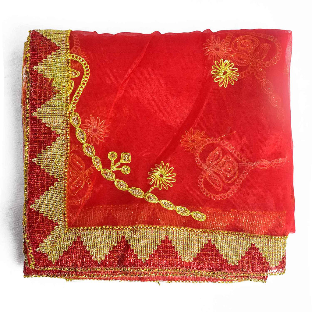 Divine Mata Ki Chunri in a striking red-pink shade, adorned with intricate golden embroidery featuring symmetrical floral and chain motifs. Measuring 220 cm (87 inches) in length and 103 cm (40 inches) in height, this Chunri is ideal for Mata Rani’s Prasad, temple offerings, and Devi puja during Navratri. The border showcases a traditional golden triangular pattern, adding a regal touch.

Shop Matarani Ki Chunri, Mata Ki Chunni Online, Mata Ki Chunni Big Size, and more at Satvik Store. Discover the perfect 