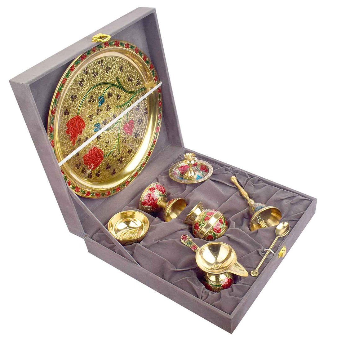 Ravishing 8 Pc Brass Puja Thali Set with Premium Velvet Box (10 Inch)