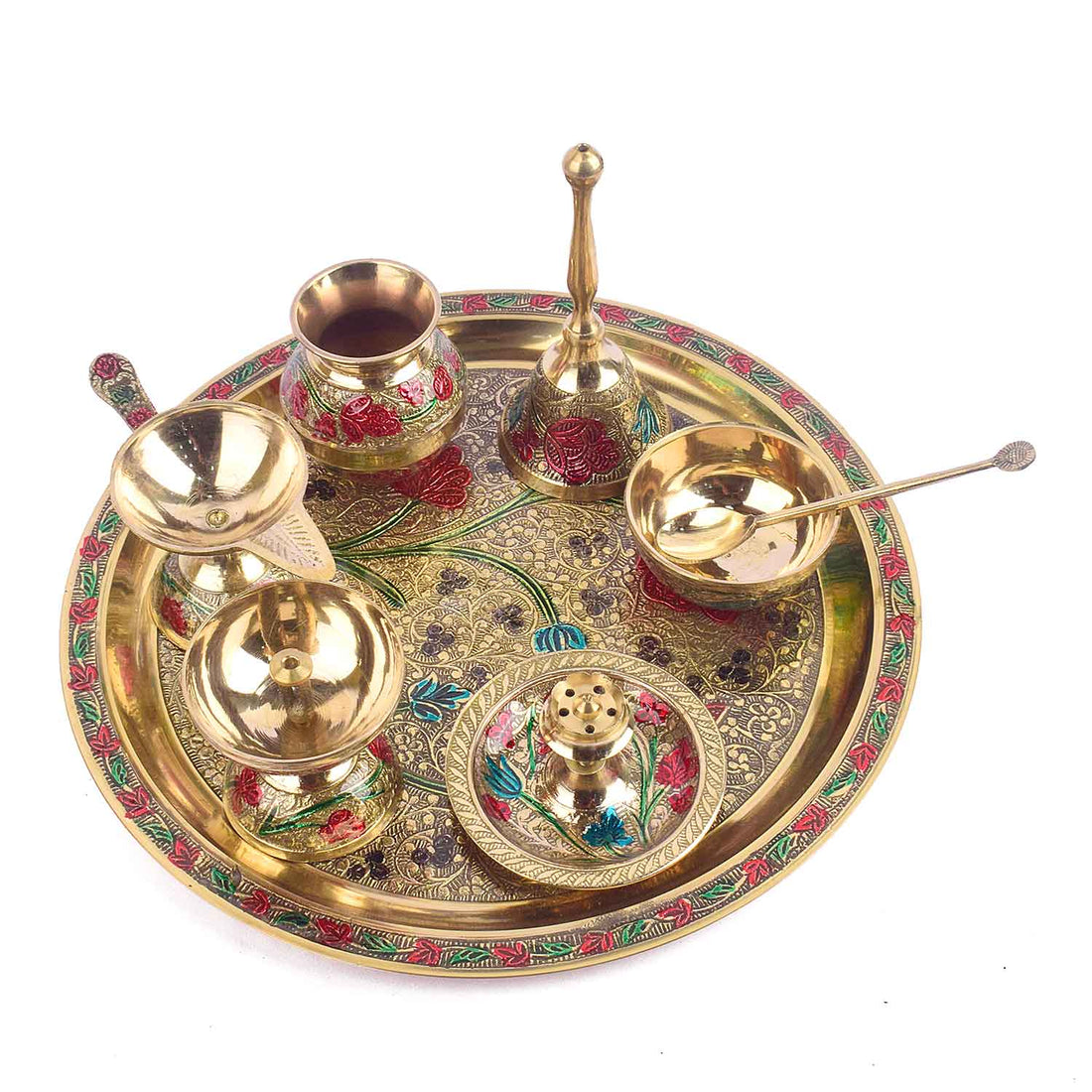Ravishing 8 Pc Brass Puja Thali Set with Premium Velvet Box (10 Inch)