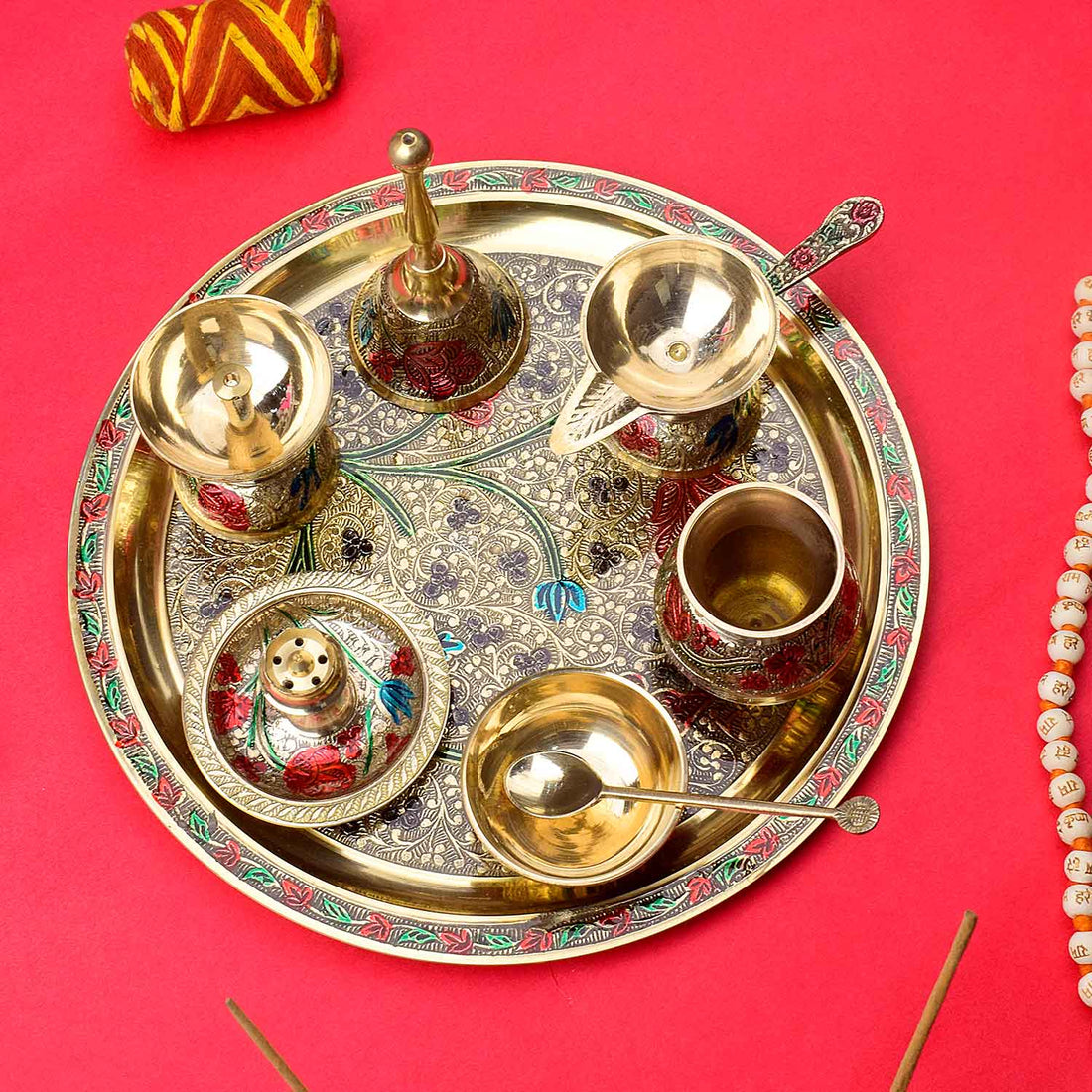 Ravishing 8 Pc Brass Puja Thali Set with Premium Velvet Box (10 Inch)