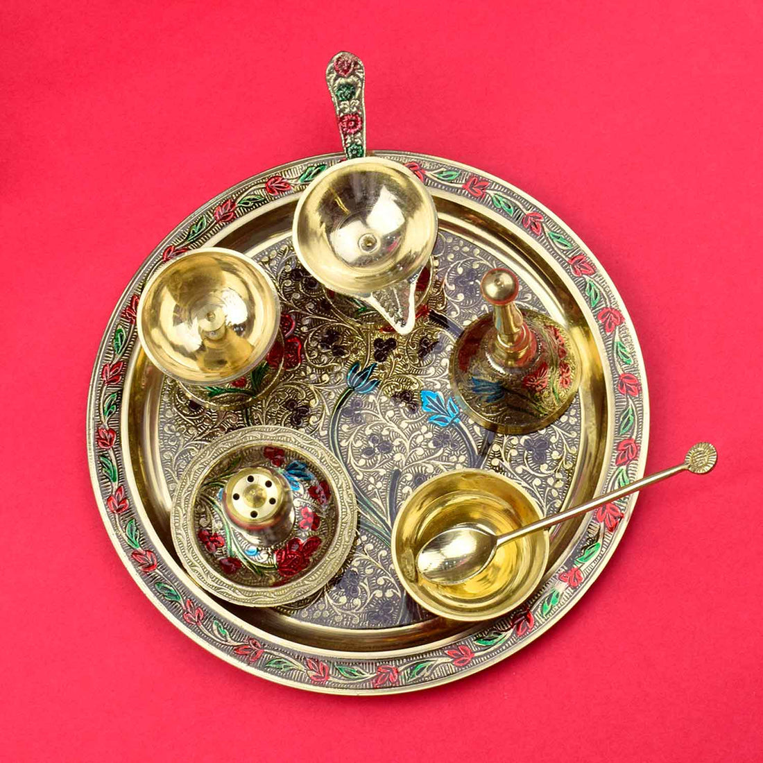 Ravishing 7 Pc Brass Puja Thali Set with Premium Velvet Box (8 Inch)