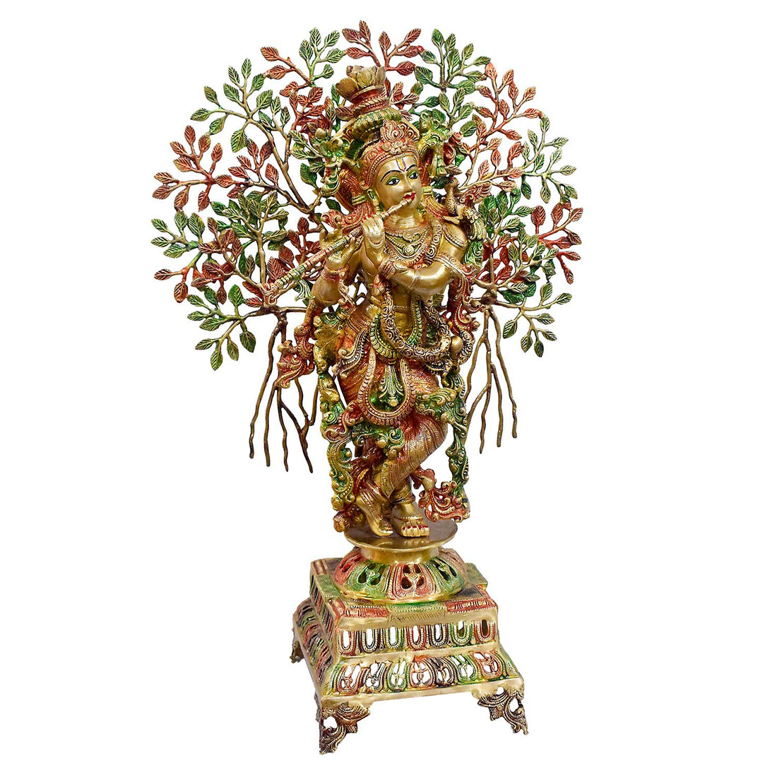 34 Inch Large Brass Krishna Under Kalpavriksha Tree Statue