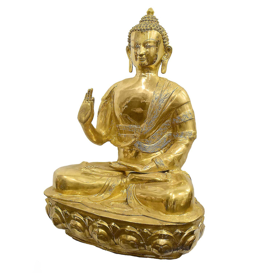 35 Inch Brass Seated Buddha Statue in Abhaya Mudra on Lotus