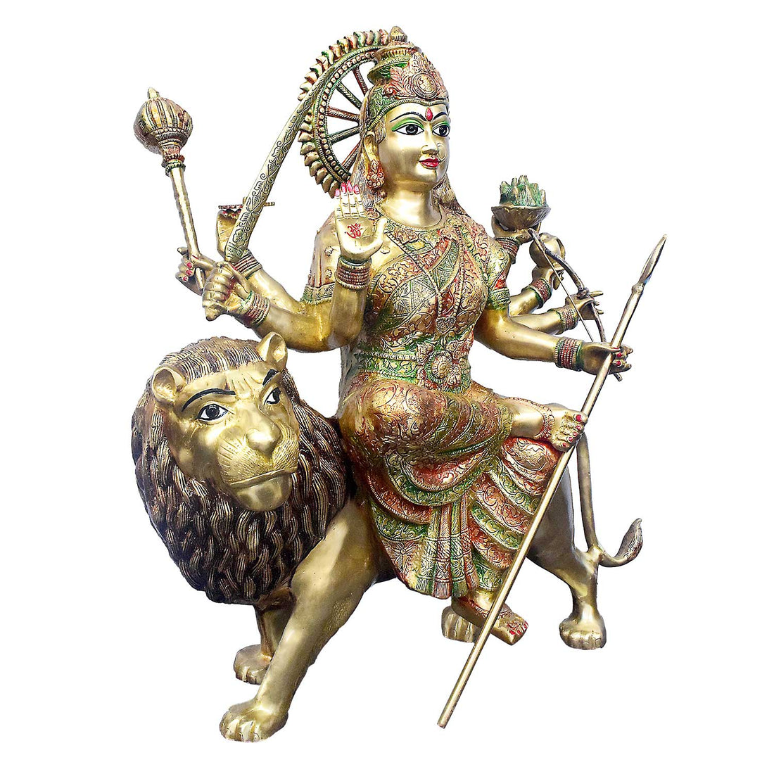 34 Inch Large Brass Sherawali Mata Statue Seated on Lion