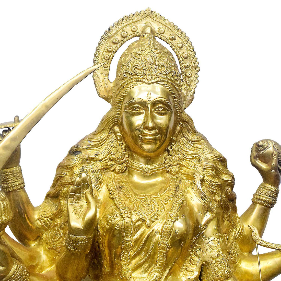 43 Inch Brass Durga Riding Lion Statue - Multi-Armed Goddess Idol with Sword & Trident
