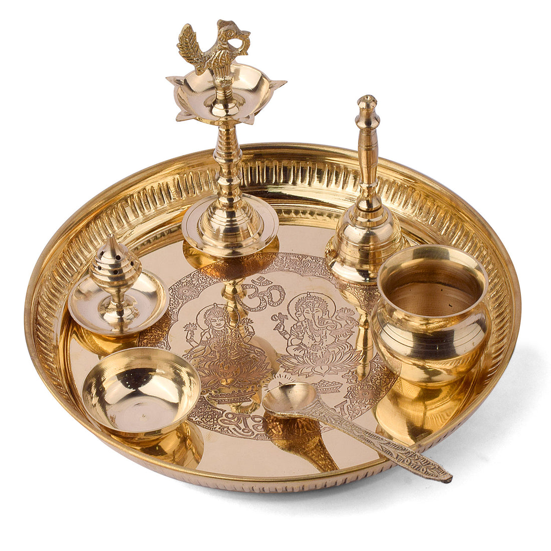 7 Piece Brass Laxmi Ganesh Pooja Thali Set (9 Inch) Design 3