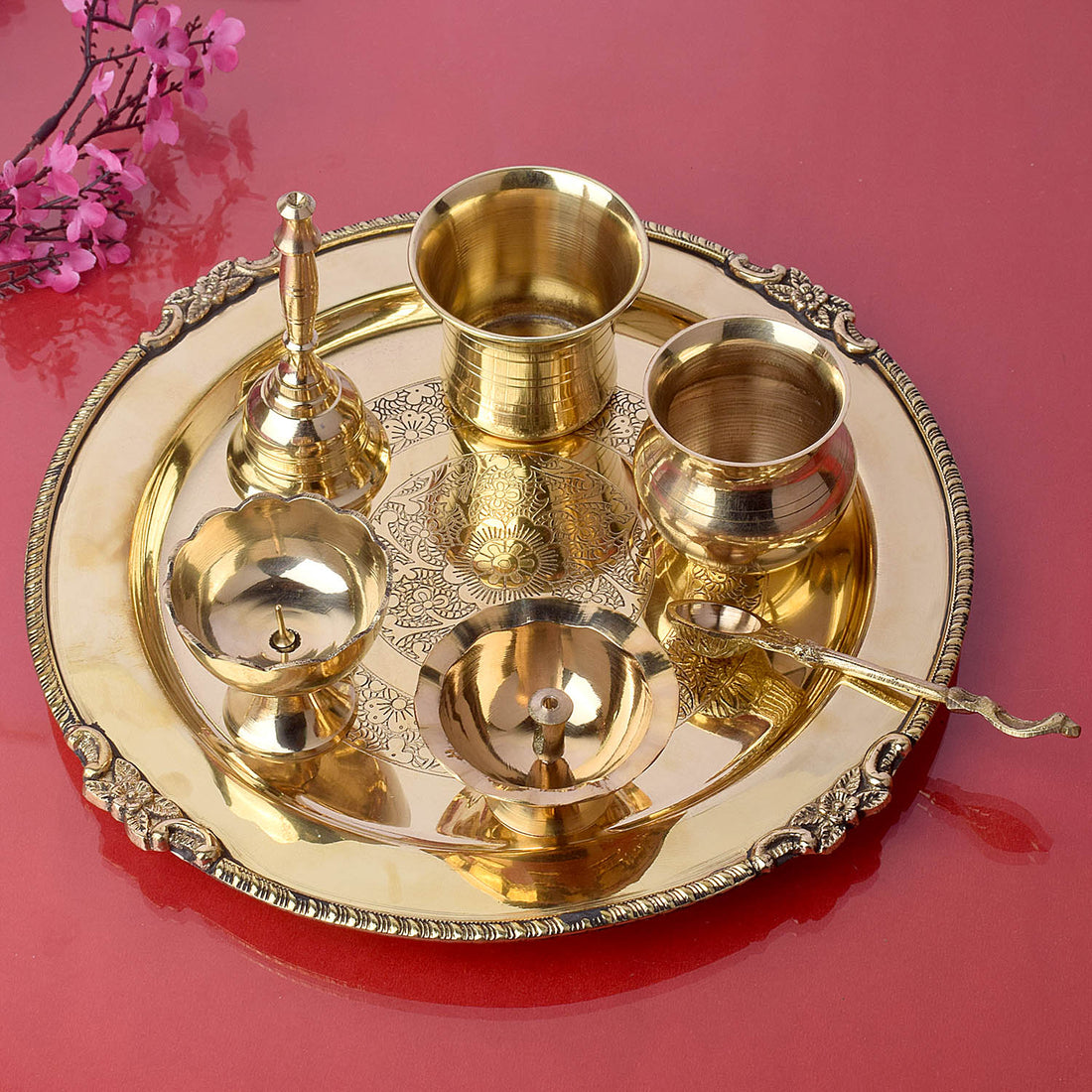 7 Piece Brass Royal Pooja Thali Set (9 Inch - 10 Inch) Design 1