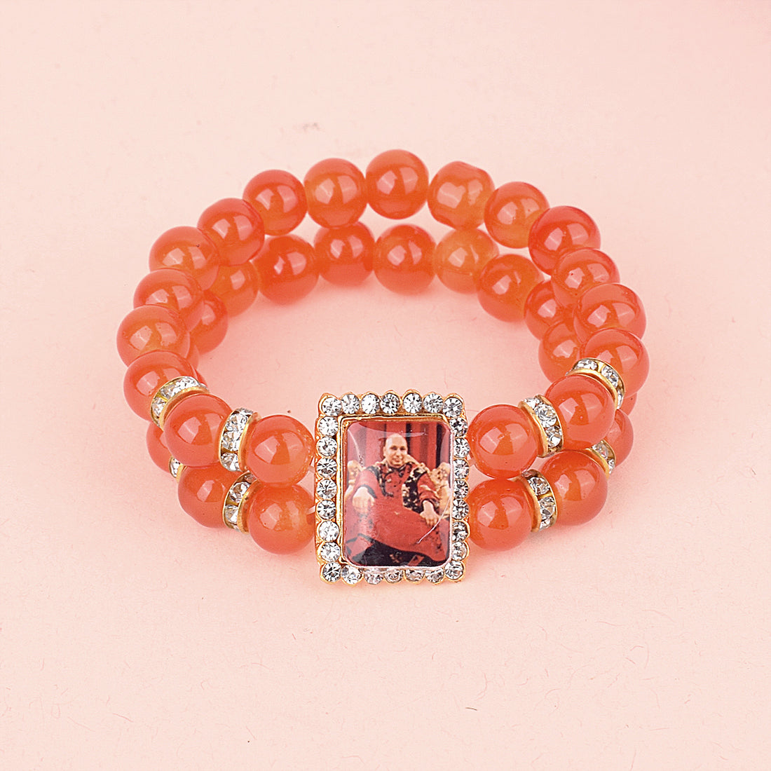 Orange Double Band Round Pearl Bracelet with Jai Guruji Swaroop Handmade Bracelets for Men and Women