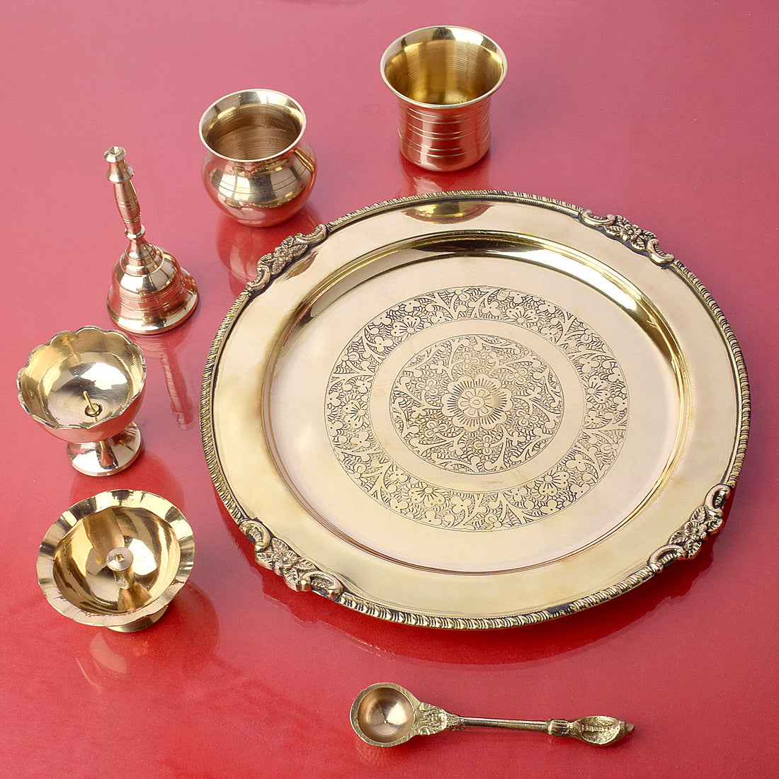 7 Piece Brass Royal Pooja Thali Set (9 Inch - 10 Inch) Design 1
