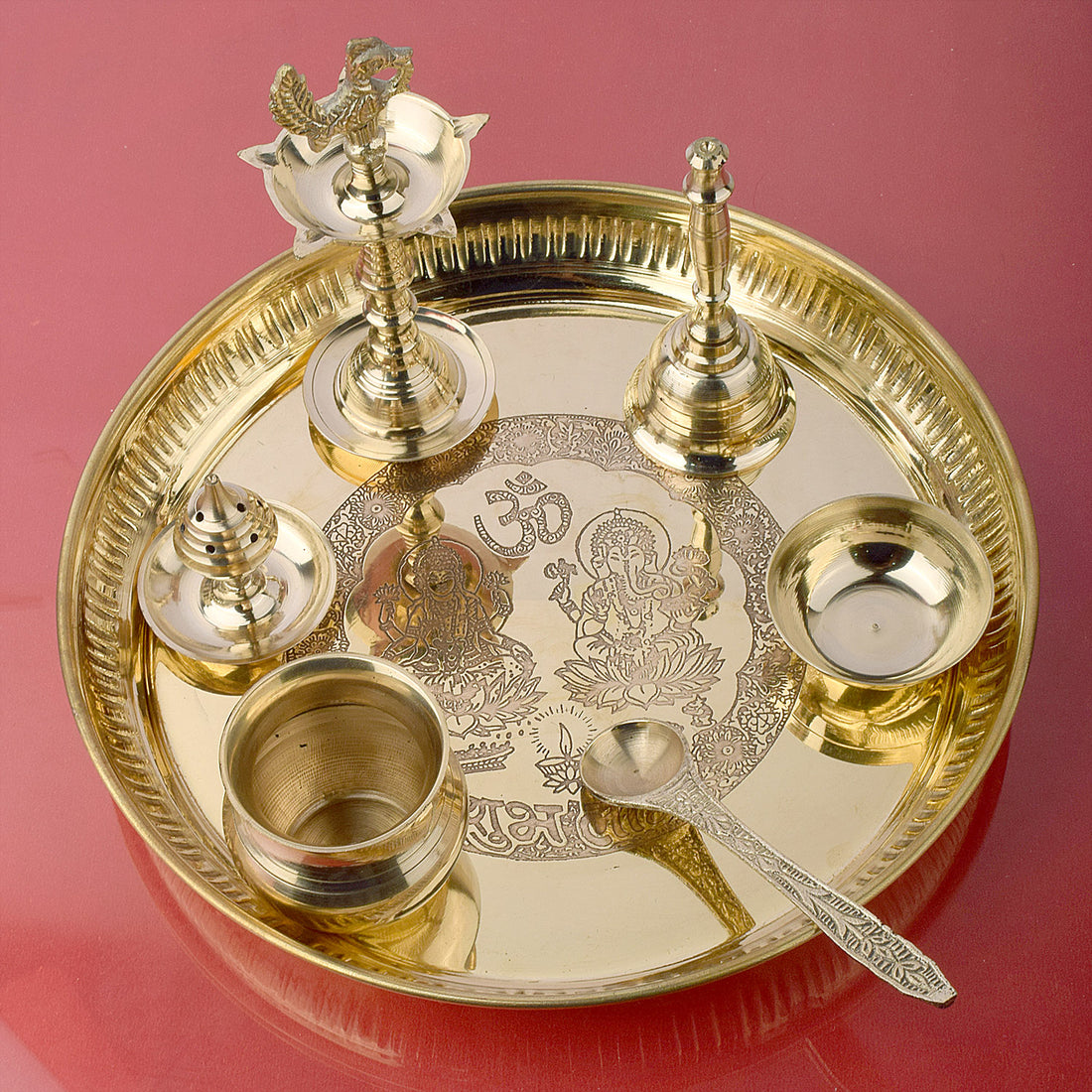 7 Piece Brass Laxmi Ganesh Pooja Thali Set (9 Inch) Design 3