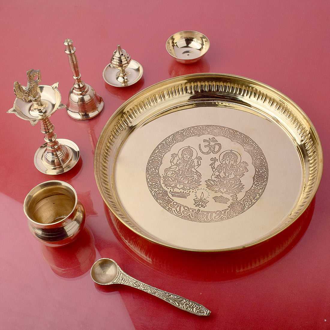 7 Piece Brass Laxmi Ganesh Pooja Thali Set (9 Inch) Design 3