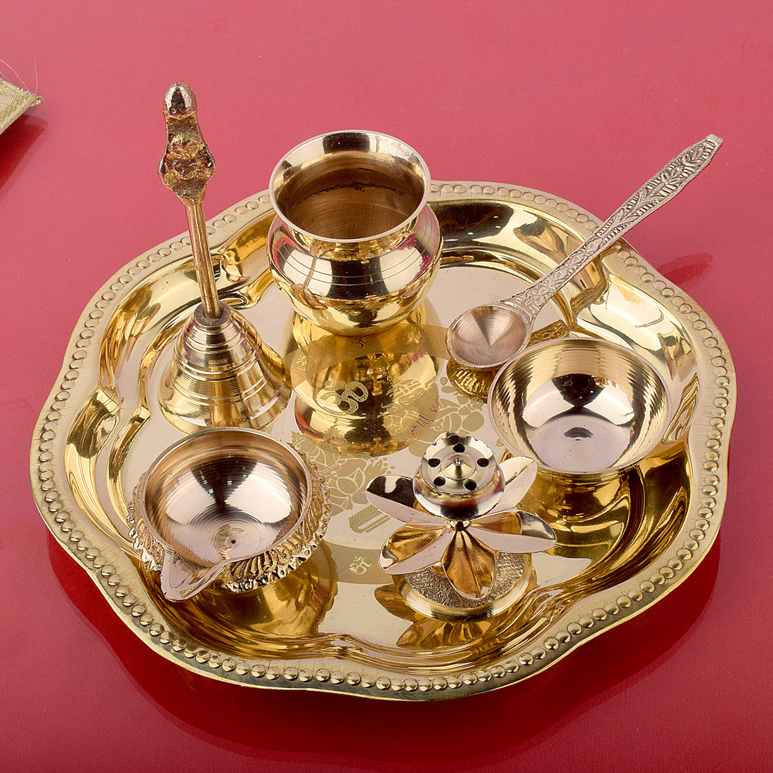 7 Piece Brass Om Laxmi Ganesh Pooja Thali Set (7.5 Inch - 8 Inch) Design 2