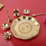 7 Piece Brass Om Laxmi Ganesh Pooja Thali Set (7.5 Inch - 8 Inch) Design 2