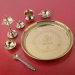 7 Piece Brass Om Shubh Labh Pooja Thali Set (9 Inch - 10 Inch) Design 5