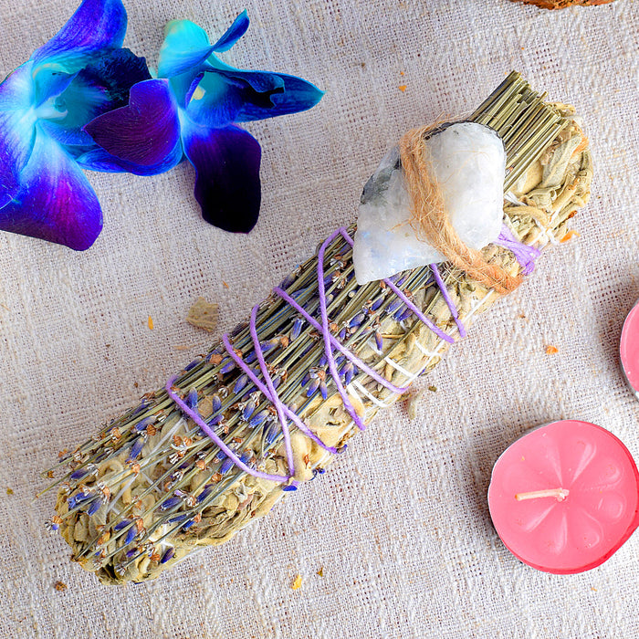 WHITE SAGE WITH LAVENDERS & RAINBOW MOONSTONE CRYSTAL HEALING SMUDGES