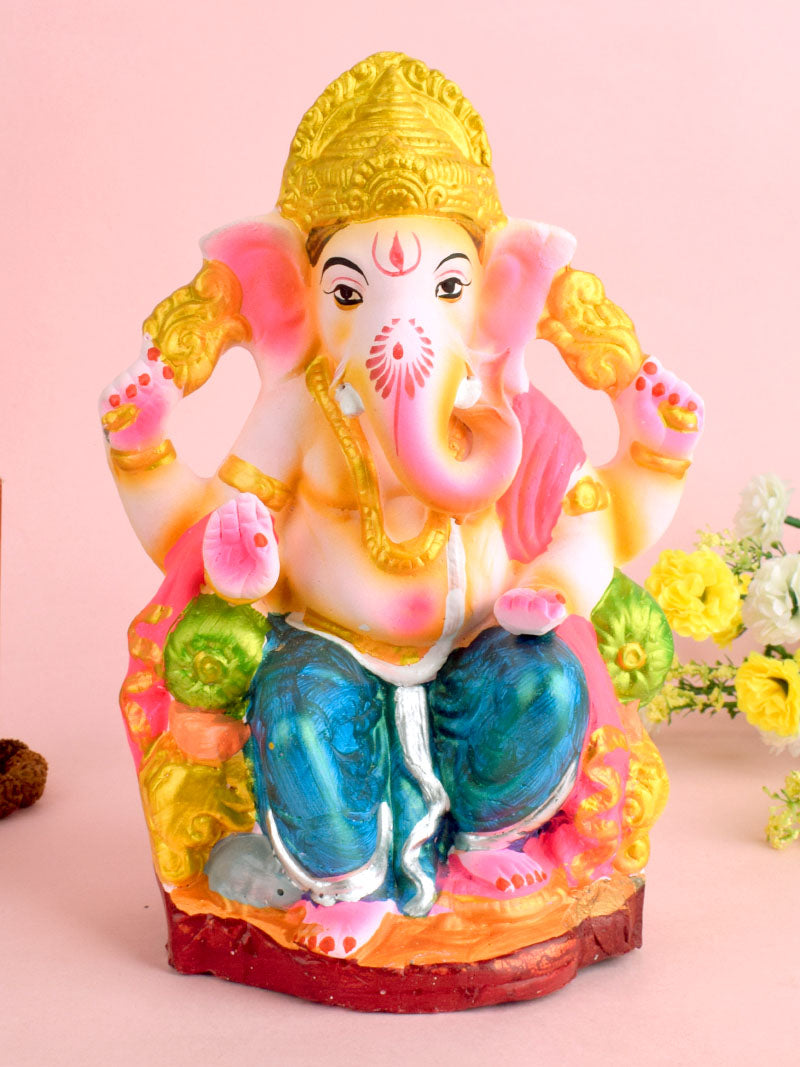 9.5 Inch Eco-Friendly Ganesh Ji Sitting on Shinghasan