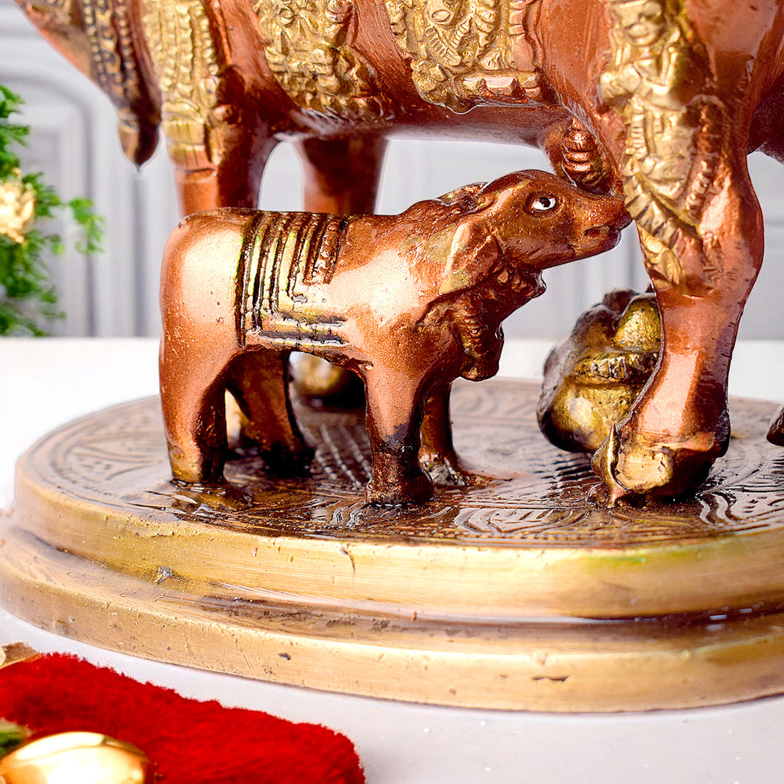 4.9 Inch Divine Brass Kamdhenu Cow with Calf Idol for Spiritual Home Decor