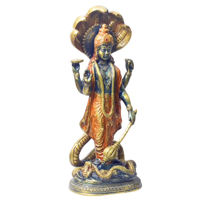  Bring divine protection and blessings into your home with this stunning 17-inch Brass Vishnu Standing with Sheshanag Idol. This intricately crafted statue features Lord Vishnu, the preserver of the universe, standing gracefully atop the Sheshanag (cosmic serpent). 