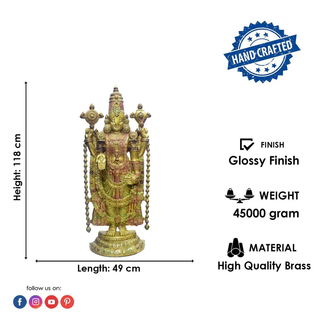 46 Inch Large Brass Lord Venkateswara (Balaji) Statue