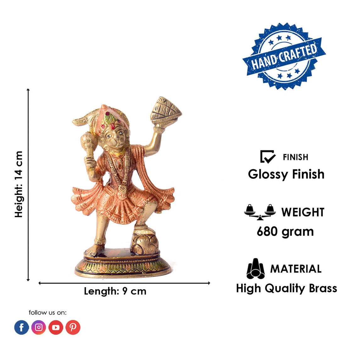 5.5 Inch Radiant Colored Brass Sanjivani Hanuman Idol