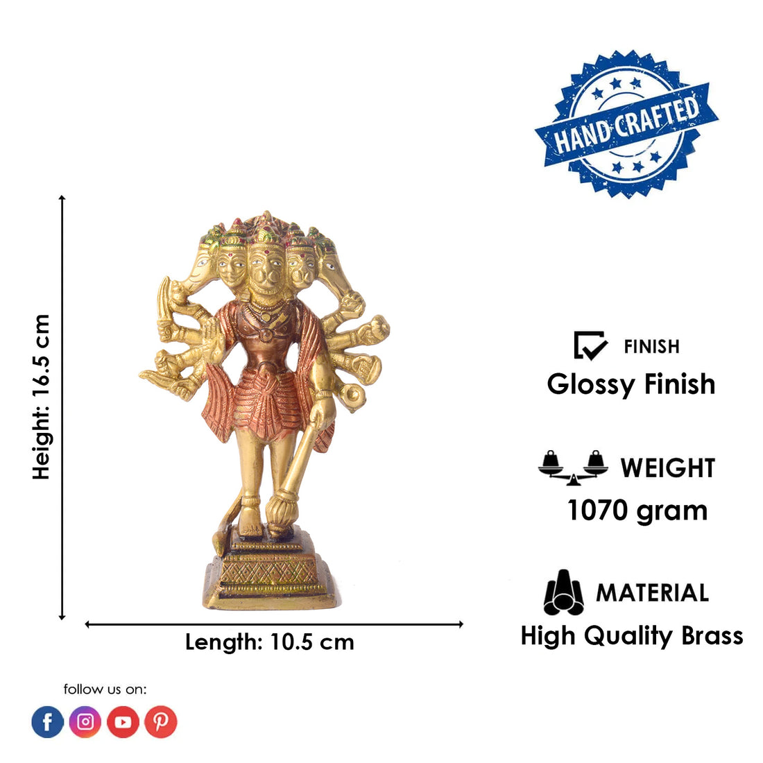 6.4 Inch Exquisite Brass Panchmukhi Hanuman Standing Idol