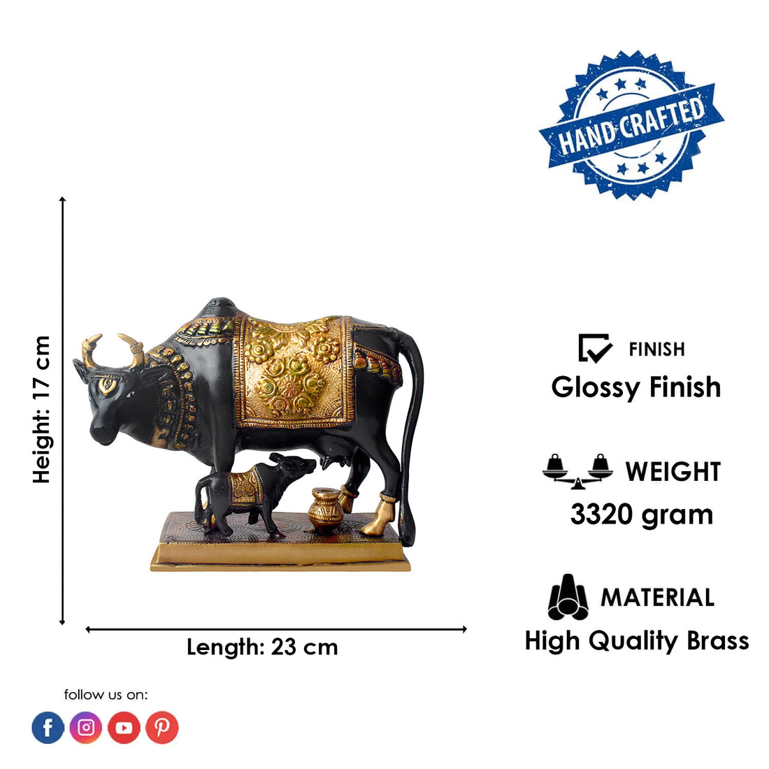 This 6.7-inch Kamdhenu cow figurine is a beautiful representation of purity, prosperity, and spiritual blessings. Known as the divine cow in Hindu mythology, Kamdhenu is believed to grant every wish and bring abundance to its devotees. Crafted with intricate details, this figurine exudes a sense of holiness and serenity.