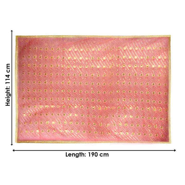 Graceful Mata Ki Chunri in a soft red-pink hue with intricate golden detailing, measuring 190 cm (75 inches) in length and 114 cm (45 inches) in height. The delicate pattern consists of small golden floral motifs arranged in diagonal rows, complemented by a shimmering gold border. This devotional chunri is ideal for temple rituals, Devi puja, Navratri offerings, and religious ceremonies.

Shop Matarani Ki Chunri, Mata Ki Chunni Online, Mata Ki Chunni Big Size, and more at Satvik Store. Find the perfect Big 